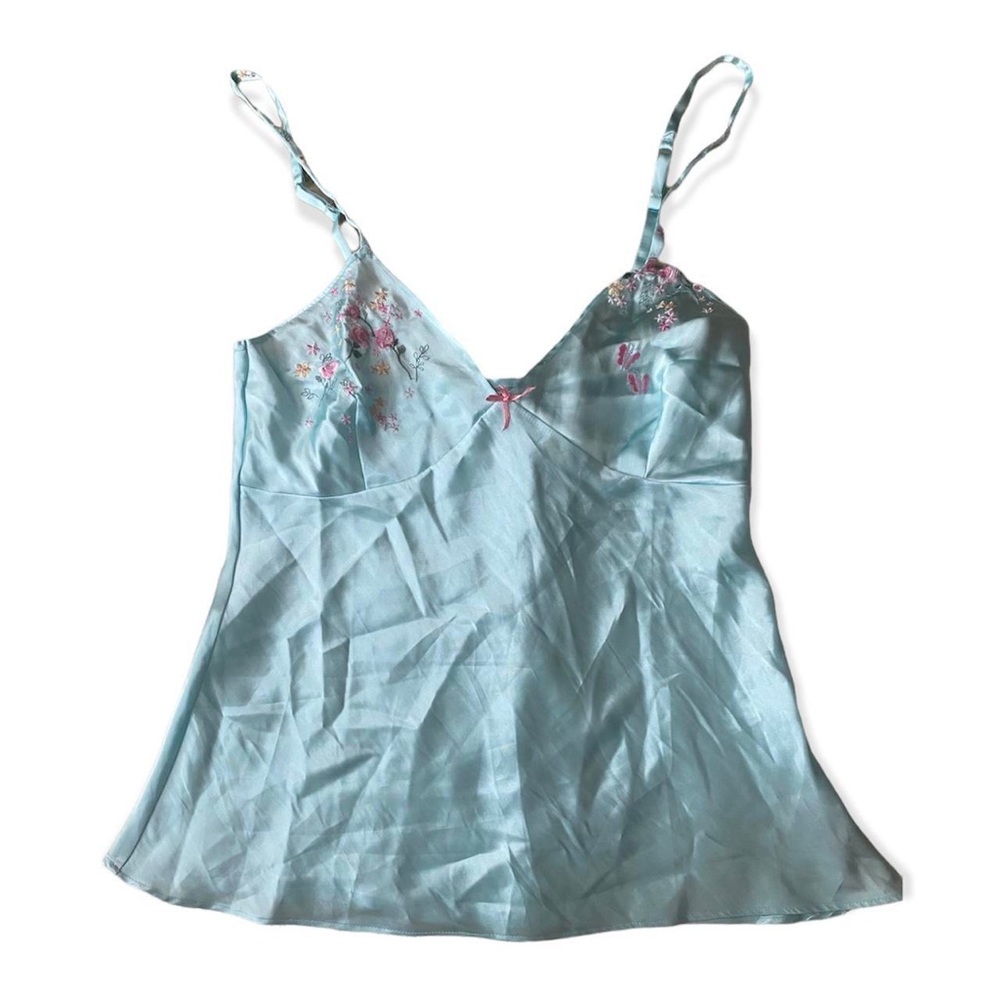 y2k floral embroidered baby blue silk cami lingerie top
